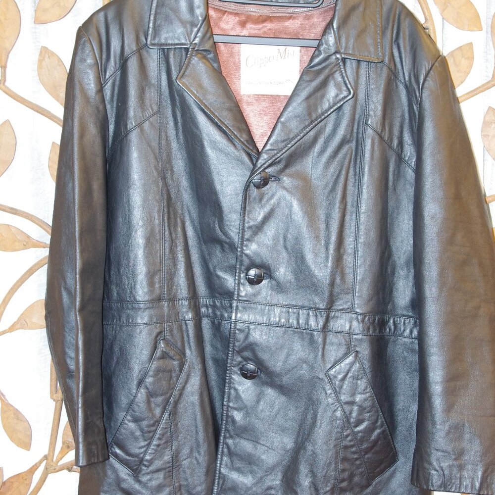 VINTAGE Clipper Mist Londontown Plaid Lined Brown Leather Coat, Mens 44 short